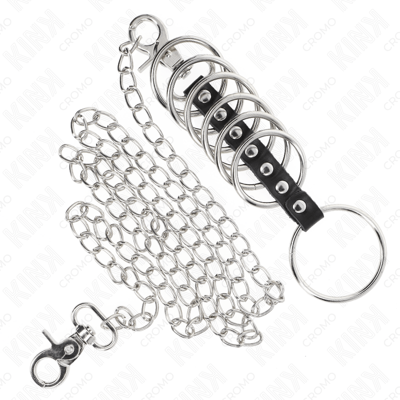 KINK - 7 METAL PENIS RINGS 3.8 CM TO 5 CM CONNECTED WITH LEATHER AND METAL CHAIN 100 CM - Amore24
