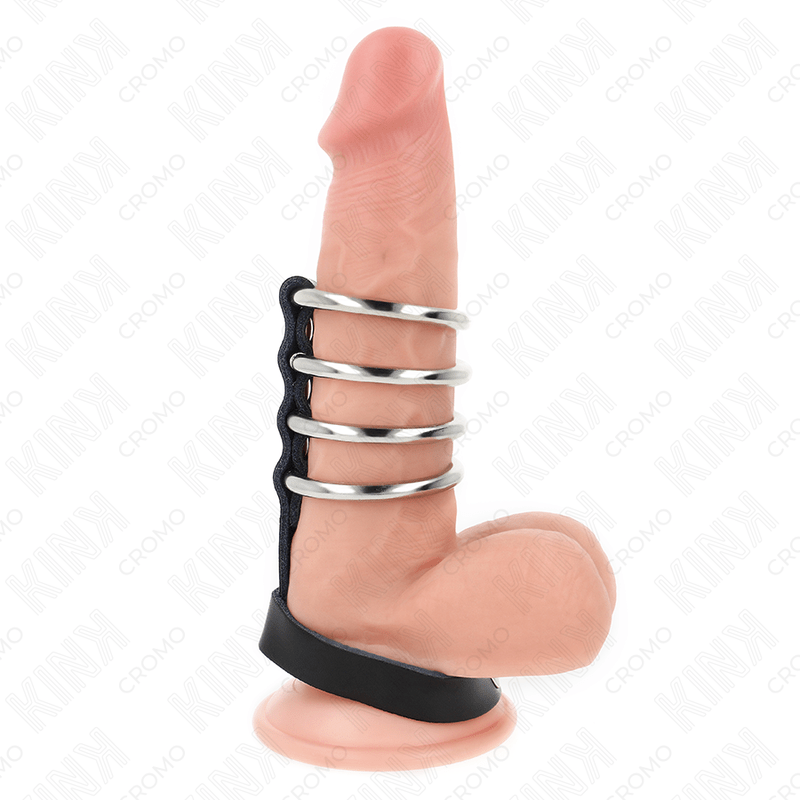 KINK - 4 METAL PENIS RINGS 3.8 CM CONNECTED WITH LEATHER STRAP 22 X 1.5 CM AND PRESSURE CLOSURE - Amore24