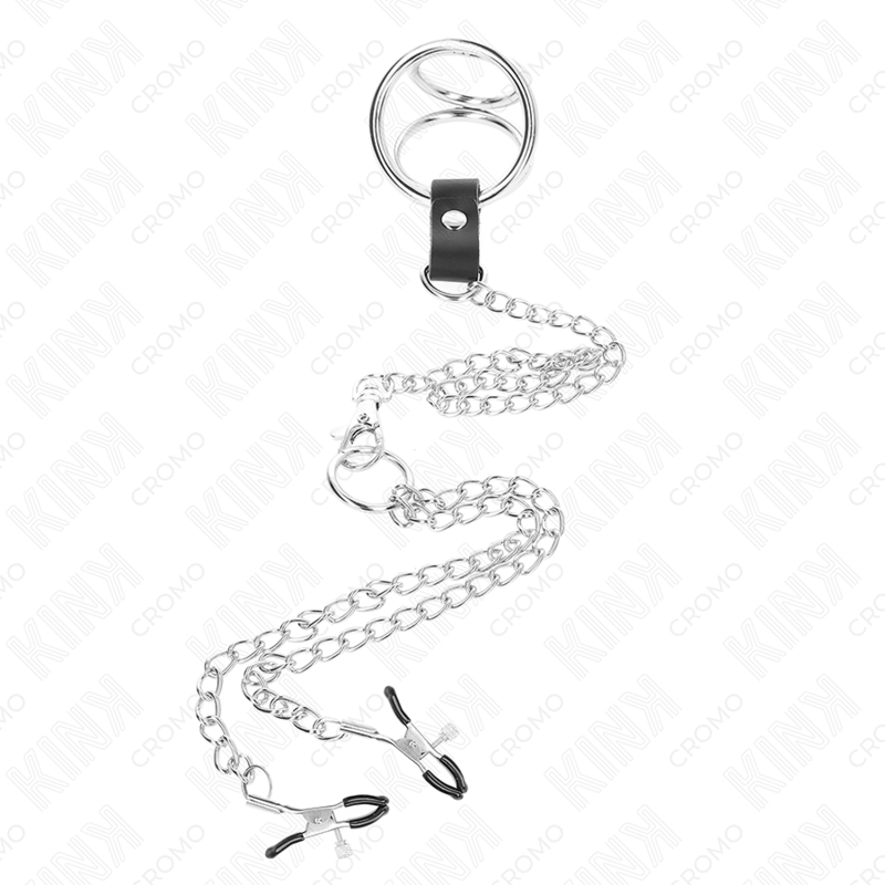KINK - TRIPLE CHROME METAL PENIS RING 3.8 CM TO 5 CM WITH 26 CM METAL CHAIN AND NIPPLE CLAMPS MODEL 1 - Amore24