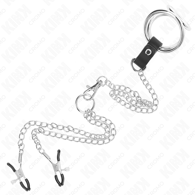 KINK - TRIPLE CHROME METAL PENIS RING 3.8 CM TO 5 CM WITH 26 CM METAL CHAIN AND NIPPLE CLAMPS MODEL 1 - Amore24