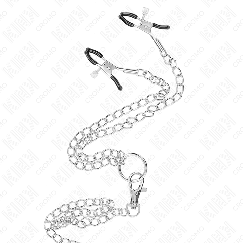 KINK - TRIPLE CHROME METAL PENIS RING 3 CM TO 4.5 CM WITH 26 CM METAL CHAIN AND NIPPLE CLIPS - Amore24