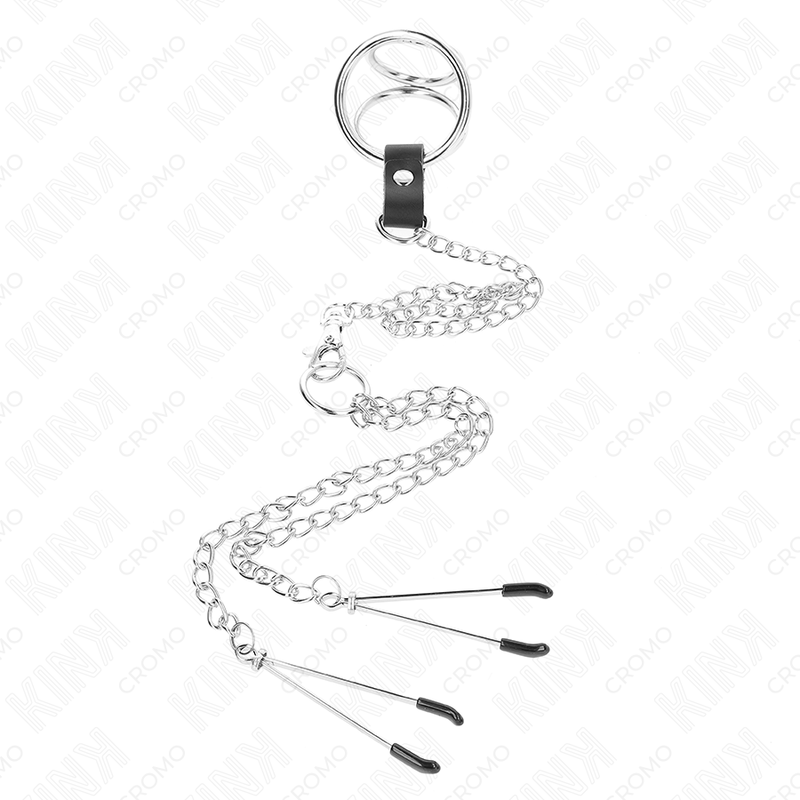 KINK - TRIPLE CHROME METAL PENIS RING 3.8 CM TO 5 CM WITH 26 CM METAL CHAIN AND NIPPLE CLAMPS MODEL 2 - Amore24