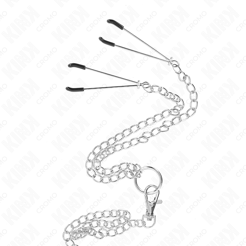 KINK - TRIPLE CHROME METAL PENIS RING 3.8 CM TO 5 CM WITH 26 CM METAL CHAIN AND NIPPLE CLAMPS MODEL 2 - Amore24