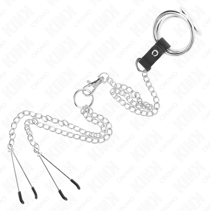 KINK - TRIPLE CHROME METAL PENIS RING 3.8 CM TO 5 CM WITH 26 CM METAL CHAIN AND NIPPLE CLAMPS MODEL 2 - Amore24