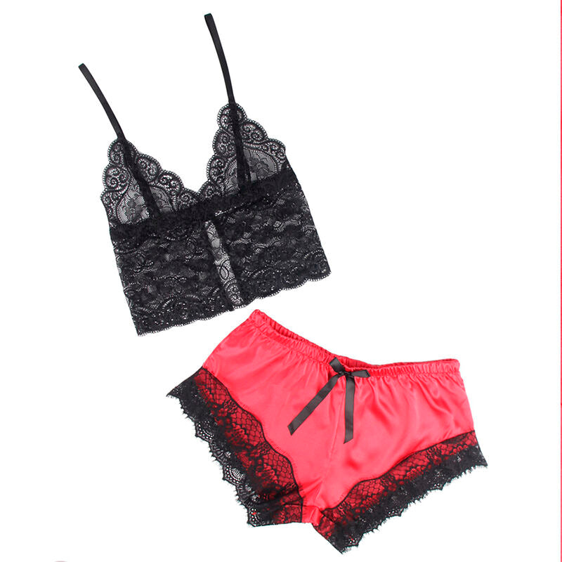 SUBBLIME - 953959 CASUAL SILK NIGHTGOWN + LACE PANTS BLACK/RED S/M - Amore24