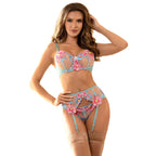 SUBBLIME - 954109 BRA + PANTIES WITH GARTER BELT FLORAL DESIGN BLUE S/M - Amore24