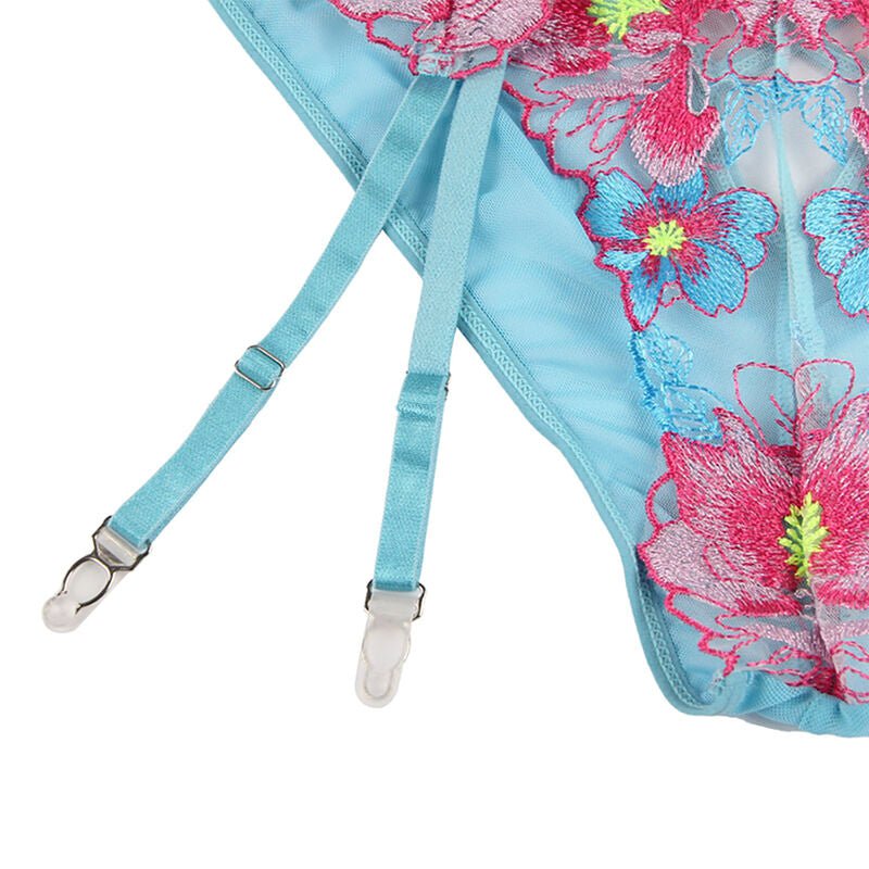 SUBBLIME - 954109 BRA + PANTIES WITH GARTER BELT FLORAL DESIGN BLUE S/M - Amore24