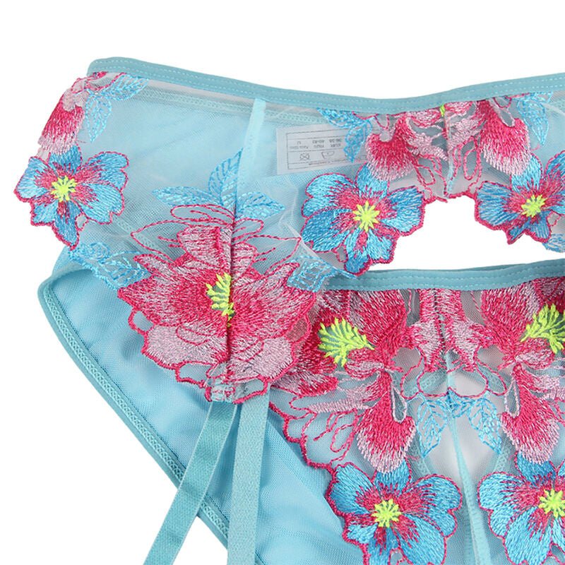 SUBBLIME - 954109 BRA + PANTIES WITH GARTER BELT FLORAL DESIGN BLUE S/M - Amore24