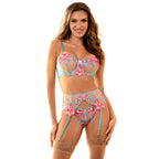 SUBBLIME - 954109 BRA + PANTIES WITH GARTER BELT FLORAL DESIGN BLUE S/M - Amore24