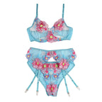 SUBBLIME - 954109 BRA + PANTIES WITH GARTER BELT FLORAL DESIGN BLUE S/M - Amore24