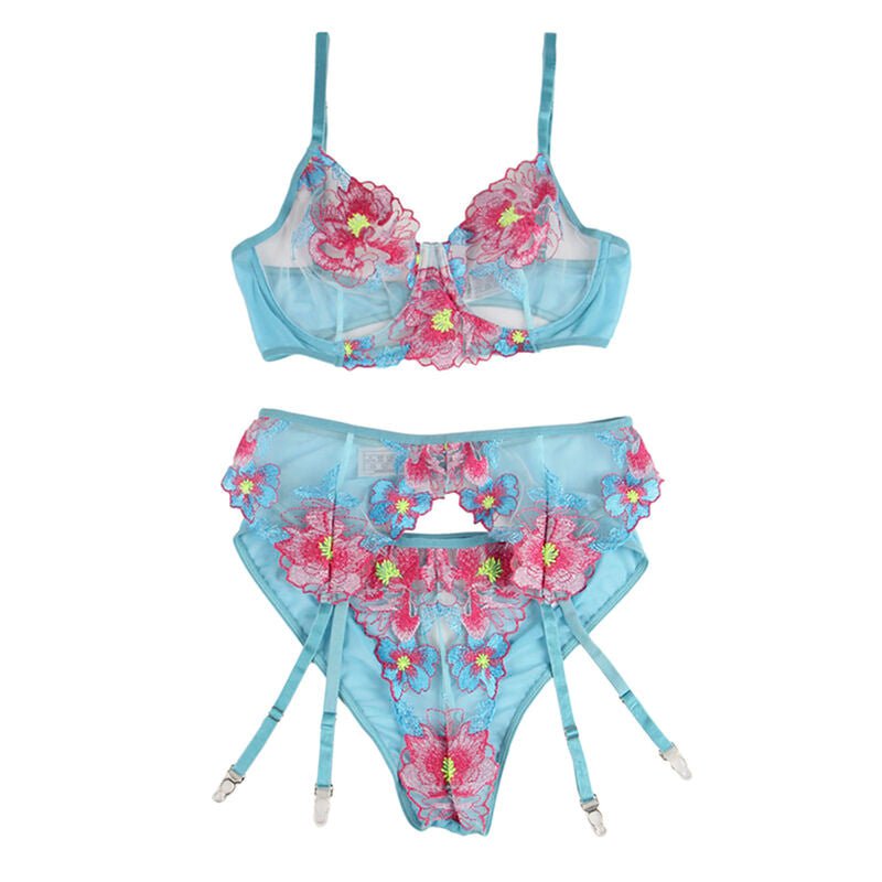 SUBBLIME - 954109 BRA + PANTIES WITH GARTER BELT FLORAL DESIGN BLUE S/M - Amore24