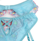 SUBBLIME - 954109 BRA + PANTIES WITH GARTER BELT FLORAL DESIGN BLUE S/M - Amore24
