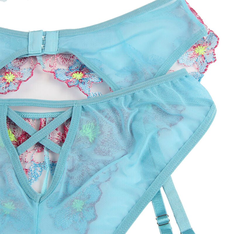 SUBBLIME - 954109 BRA + PANTIES WITH GARTER BELT FLORAL DESIGN BLUE S/M - Amore24
