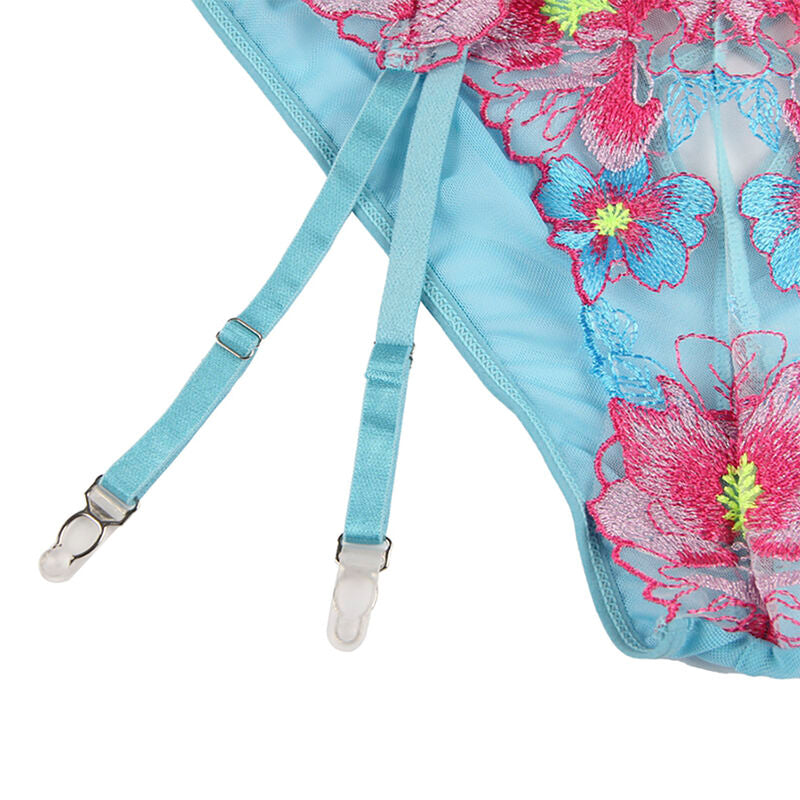 SUBBLIME - 954116 BRA + PANTIES WITH GARTER BELT FLORAL DESIGN BLUE L/XL - Amore24