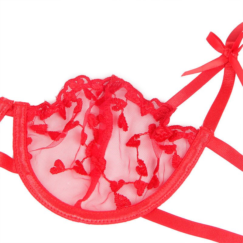 SUBBLIME - 954321 HEART PRINT BRA + THONG + GARTER BELT RED S/M - Amore24