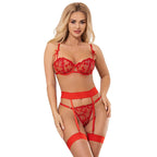 SUBBLIME - 954321 HEART PRINT BRA + THONG + GARTER BELT RED S/M - Amore24