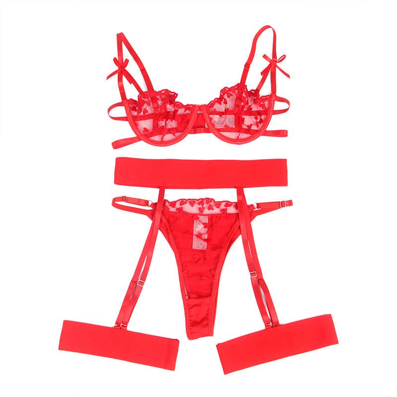 SUBBLIME - 954321 HEART PRINT BRA + THONG + GARTER BELT RED S/M - Amore24