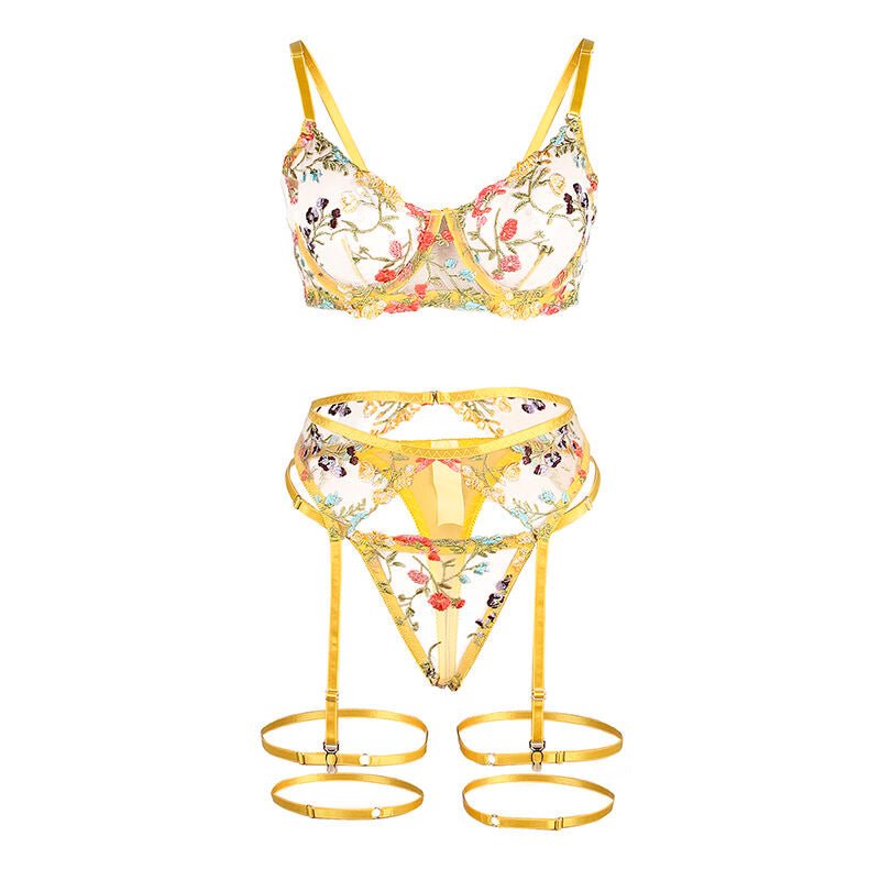 SUBBLIME - 954352 BRA + THONG + GARTER BELT FLORAL DESIGN YELLOW L/XL - Amore24