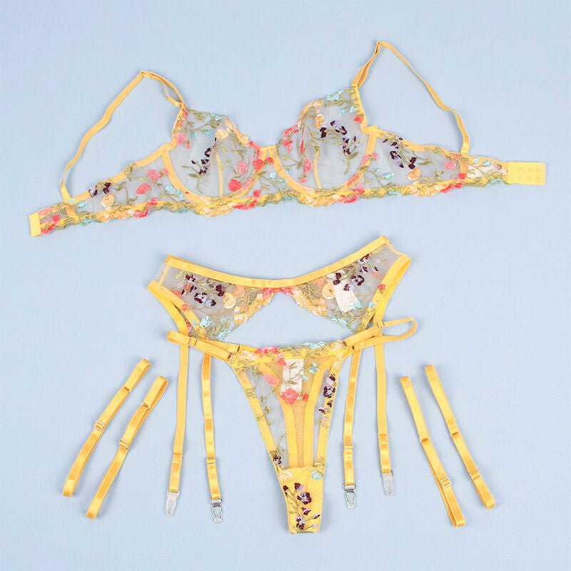 SUBBLIME - 954352 BRA + THONG + GARTER BELT FLORAL DESIGN YELLOW L/XL - Amore24