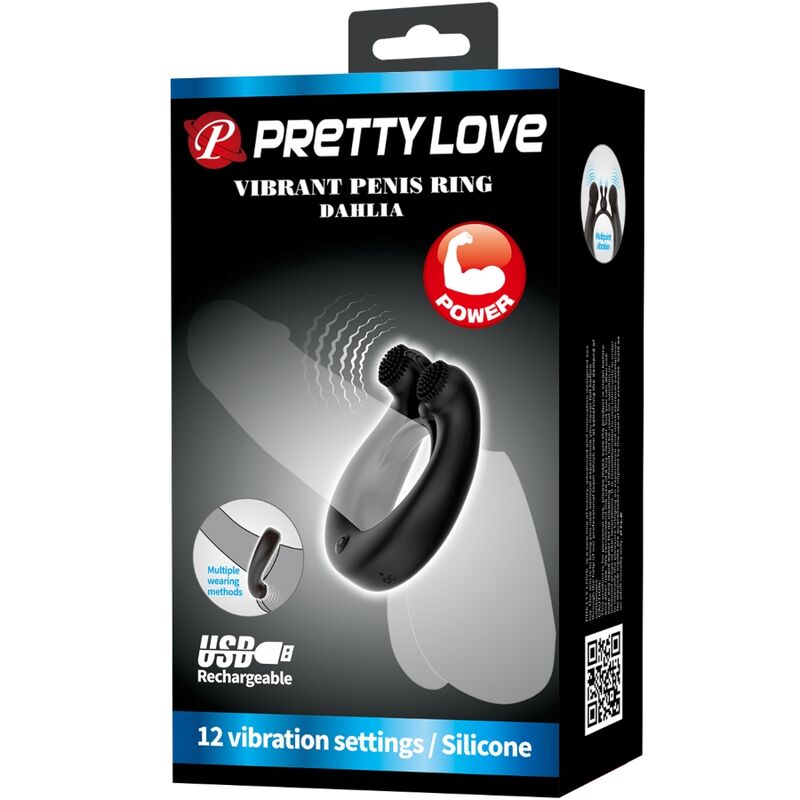 PRETTY LOVE - DAHLIA VIBRATING RING + CLITORIS STIMULATOR 12 VIBRATIONS BLACK - Amore24