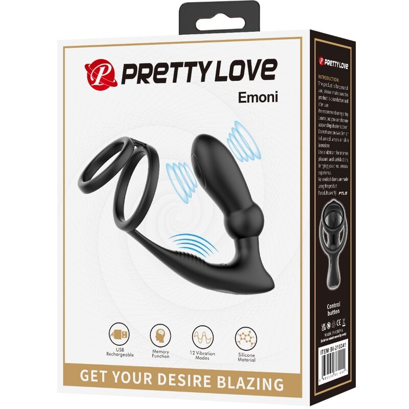 PRETTY LOVE - EMONI PENIS RING + ANAL PLUG 12 VIBRATIONS BLACK - Amore24
