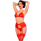 CHILIROSE - CR 4848 RED LACE BRA + THONG + STOCKINGS SET XL - Amore24
