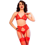 CHILIROSE - CR 4848 RED LACE BRA + THONG + STOCKINGS SET XL - Amore24
