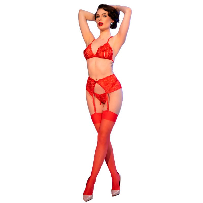 CHILIROSE - CR 4848 RED LACE BRA + THONG + STOCKINGS SET XL - Amore24