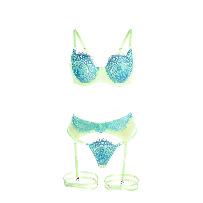 SUBBLIME - 955311 SET OF BRA WITH LACE AND GARTER LINES GREEN AND BLUE S/M - Amore24