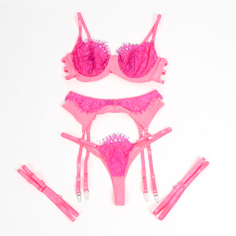 SUBBLIME - 955366 BRA SET WITH LACE AND GARTER LINES PINK AND PURPLE L/XL - Amore24