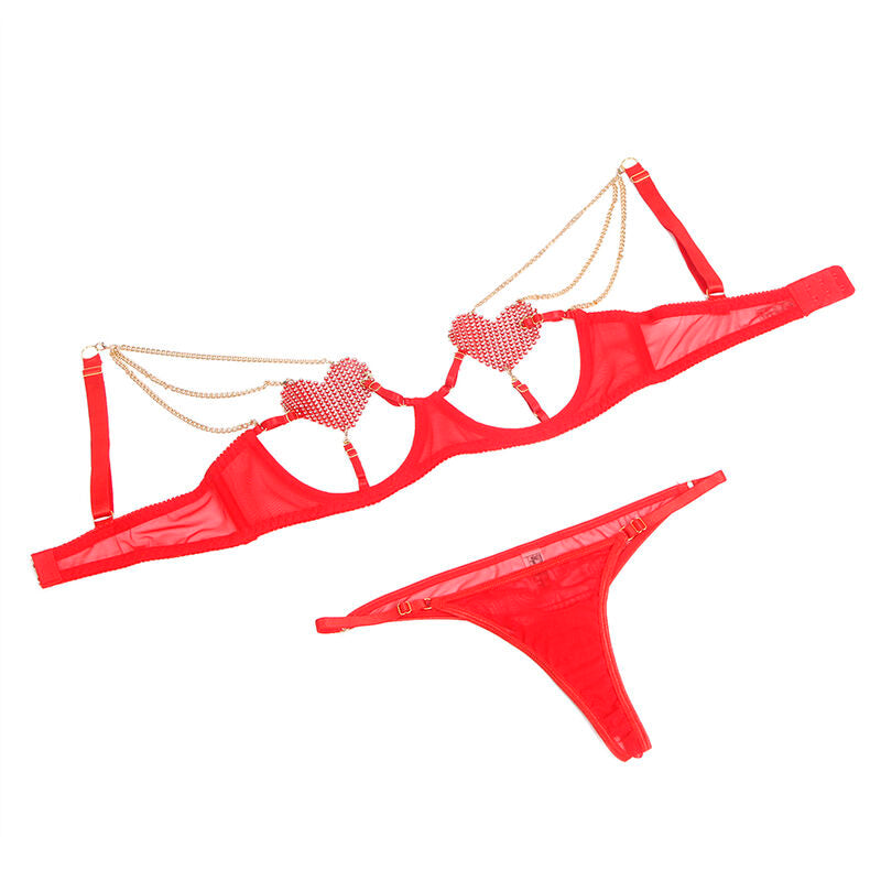 SUBBLIME - 955519 BRA SET WITH CHAINS AND MESH HEART RED S/M - Amore24