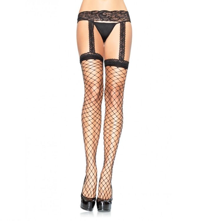 LEG AVENUE - FISHNET STOCKINGS WITH BLACK LACE GARTER GARTER - Amore24