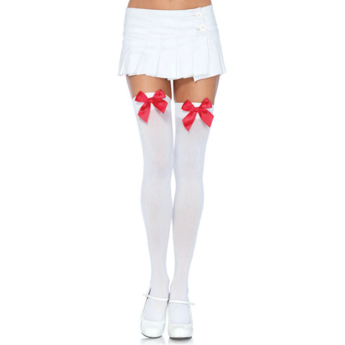 LEG AVENUE - NYLON THIGH HIGHS WITH BOW WHITE / RED - Amore24