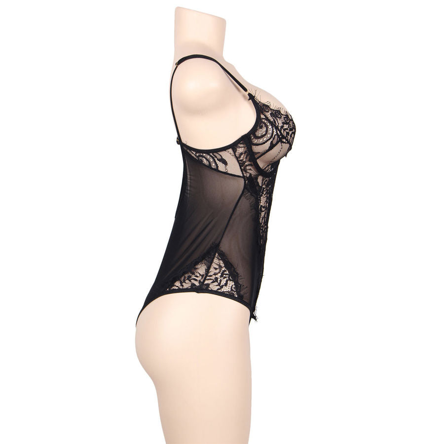 SUBBLIME - QUEEN PLUS FLORAL LACE AND FRINGED BLACK TEDDY - Amore24