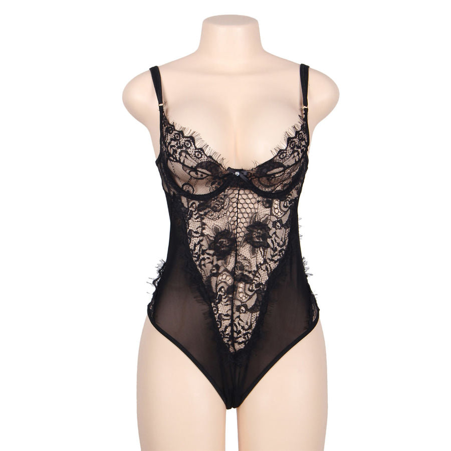 SUBBLIME - QUEEN PLUS FLORAL LACE AND FRINGED BLACK TEDDY - Amore24