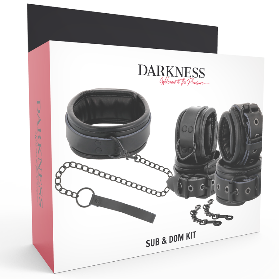 DARKNESS - BLACK LEATHER HANDCUFFS AND COLLAR - Amore24