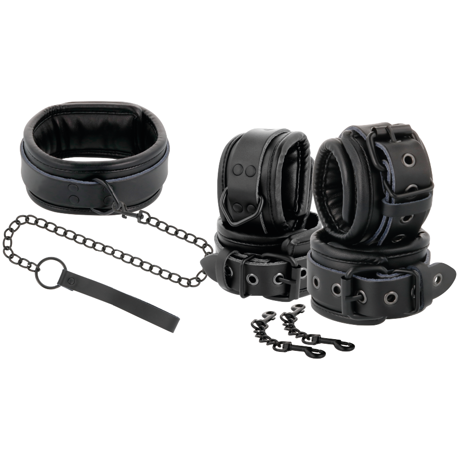 DARKNESS - BLACK LEATHER HANDCUFFS AND COLLAR - Amore24