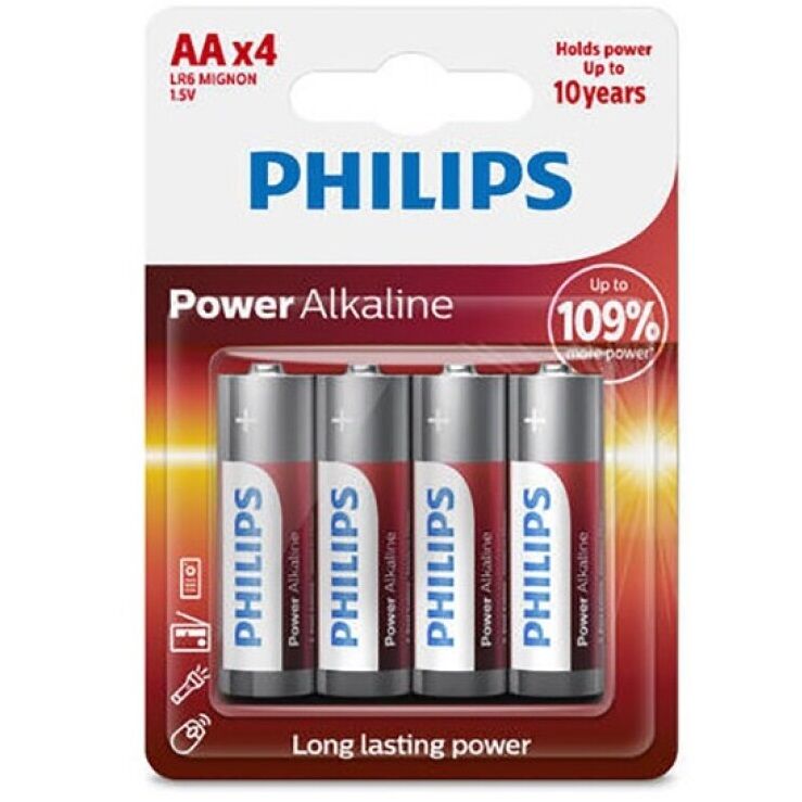 PHILIPS - POWER ALKALINE BATTERY AA LR6 PACK 4 - Amore24