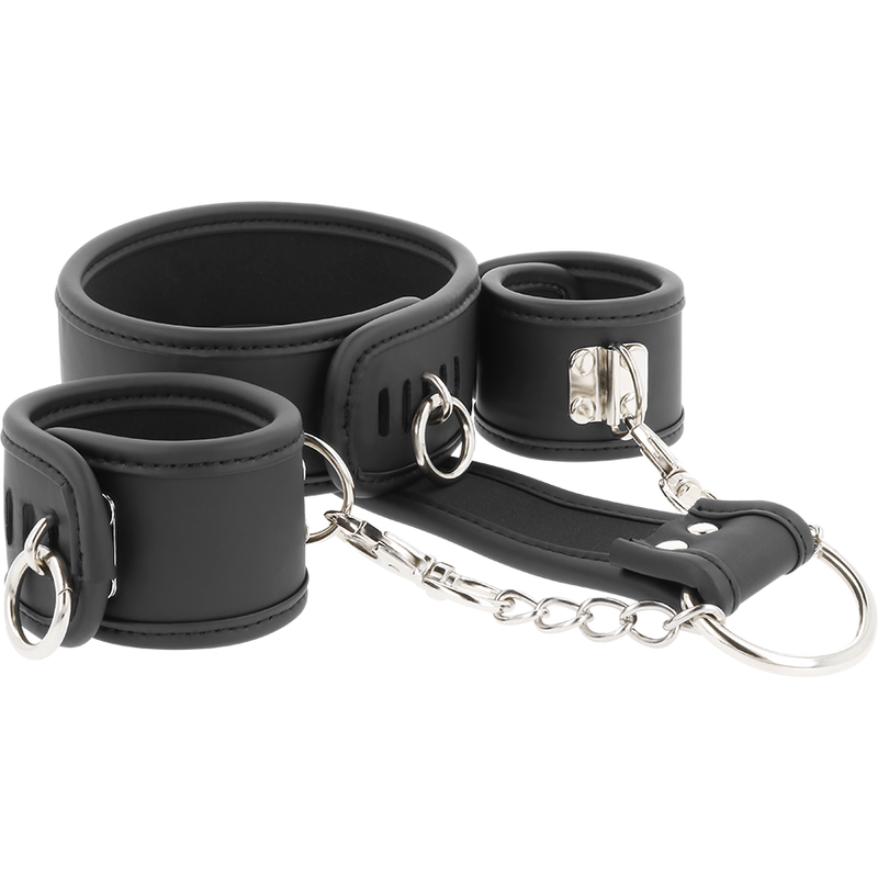 FETISH SUBMISSIVE - VEGAN LEATHER NECKLACE AND HANDCUFFS WITH NOPRENE LINING - Amore24