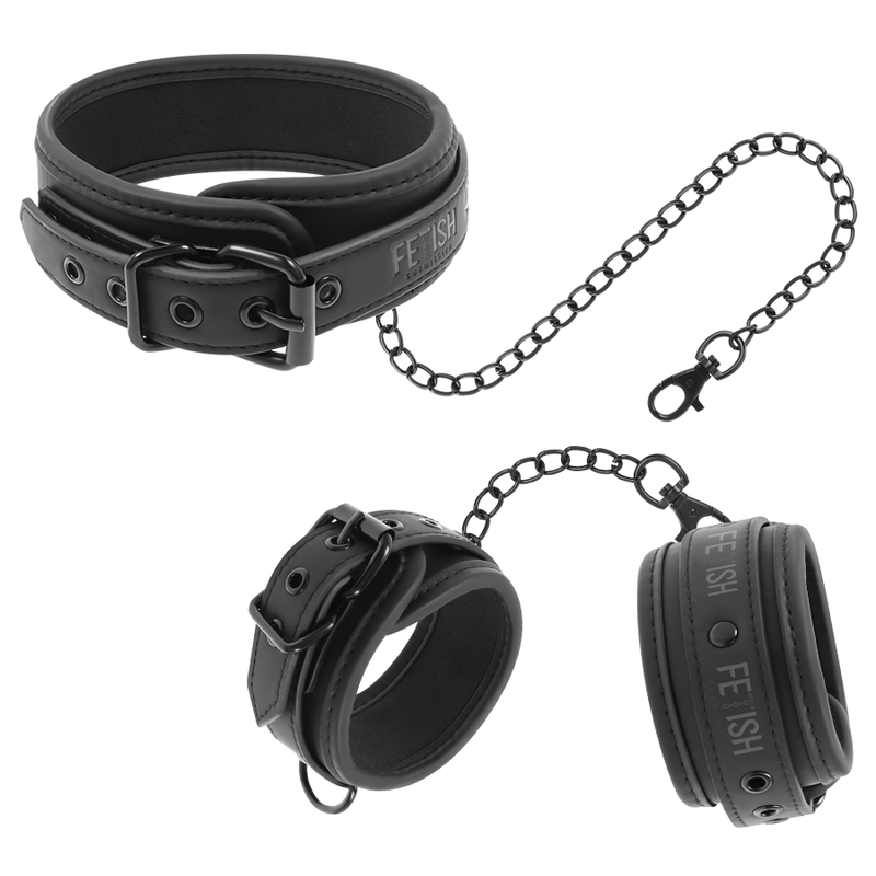 FETISH SUBMISSIVE - VEGAN LEATHER NECKLACE AND HANDCUFFS WITH NOPRENE LINING - Amore24