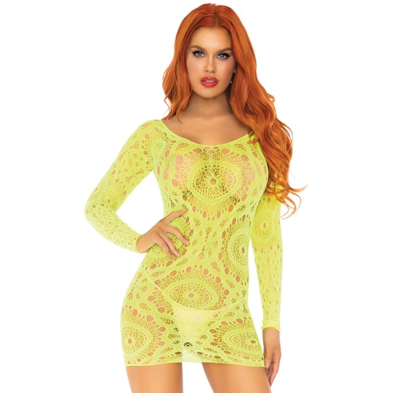 LEG AVENUE - CROCHET LACE LONG SLEEVE MINI DRESS NEON ONE SIZE - Amore24