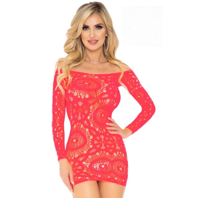 LEG AVENUE - CROCHET LACE LONG SLEEVE MINI DRESS RED ONE SIZE - Amore24