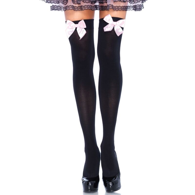 LEG AVENUE - BLACK NYLON THIGH HIGHS WITH PINK BOW ONE SIZE - Amore24