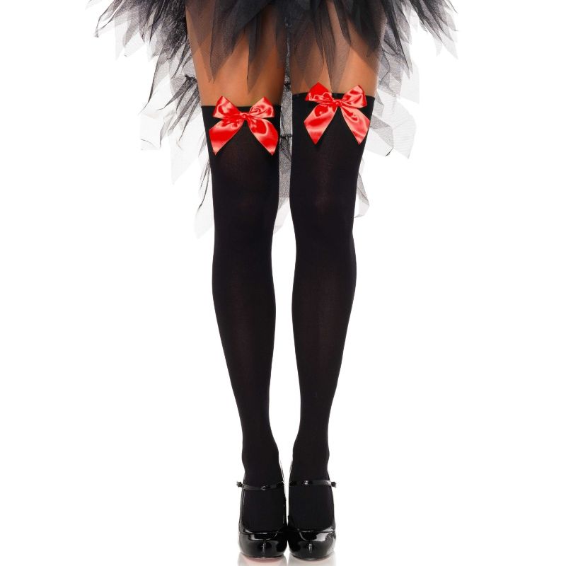 LEG AVENUE - BLACK NYLON THIGH HIGHS WITH RED BOW ONE SIZE - Amore24