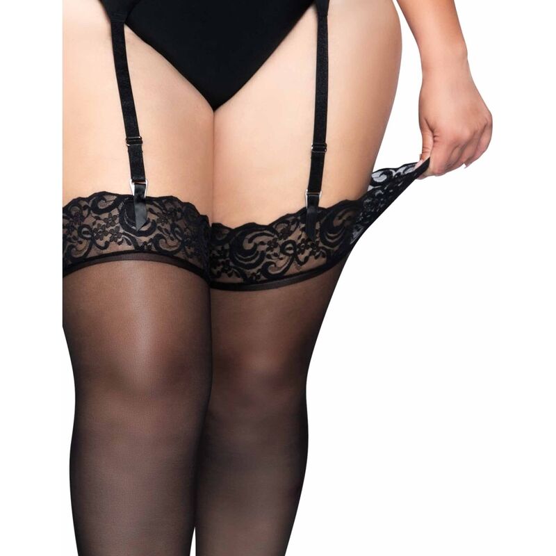 LEG AVENUE - OUTLET - BLACK NYLON STOCKINGS WITH LACE TOP PLUS - Amore24
