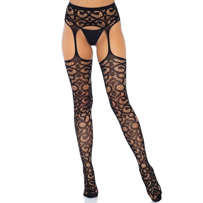 LEG AVENUE - SCROLL LACE GARTER BELT STOCKINGS ONE SIZE - Amore24