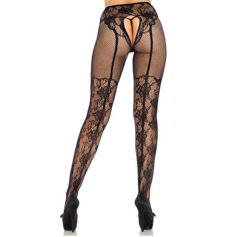 LEG AVENUE - STOCKING FLOWERS DESIGN BACK CROTHLESS ONE SIZE - Amore24
