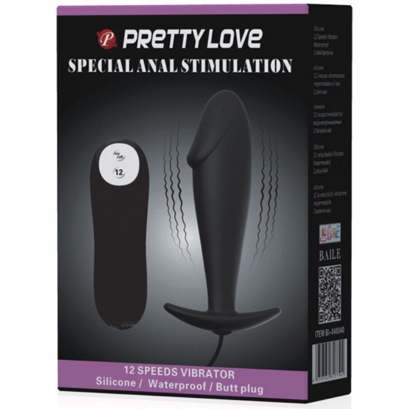 PRETTY LOVE - SILICONE ANAL PLUG PENIS FORM AND 12 VIBRATION MODES BLACK - Amore24