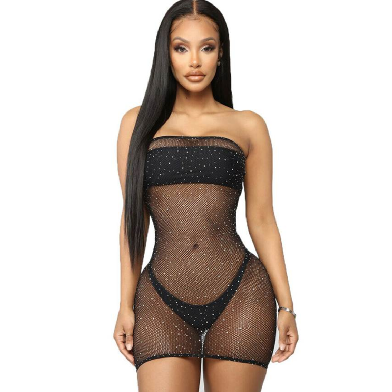 QUEEN LINGERIE - NET BODY DRESS WITH DIAMONDS S/L - Amore24