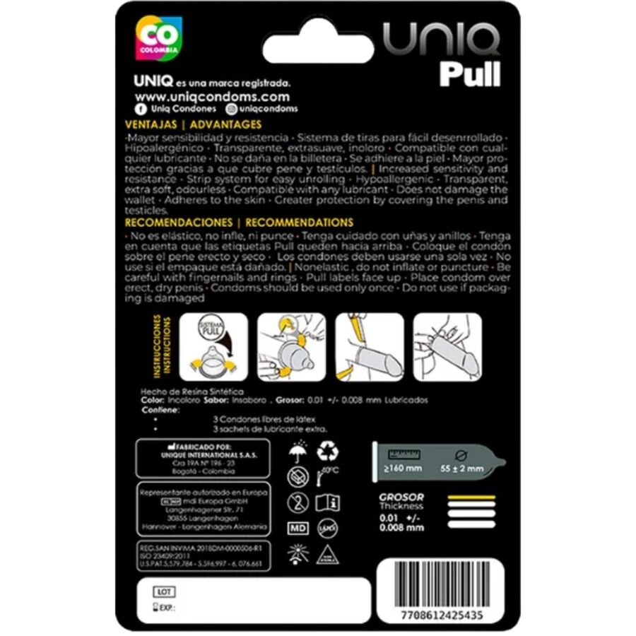UNIQ - PULL LATEX FREE CONDOMS WITH STRIPS 3 UNITS - Amore24